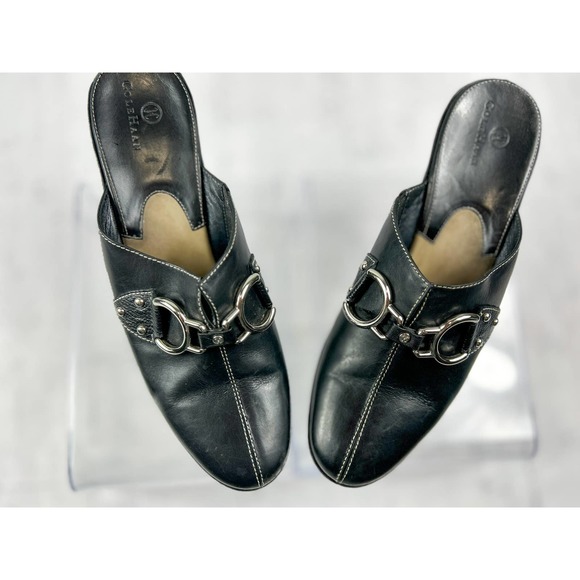 Cole Haan Shoes - Cole Haan Black Leather Wedge Mule Heels Silver Ring Detail Size 10B
